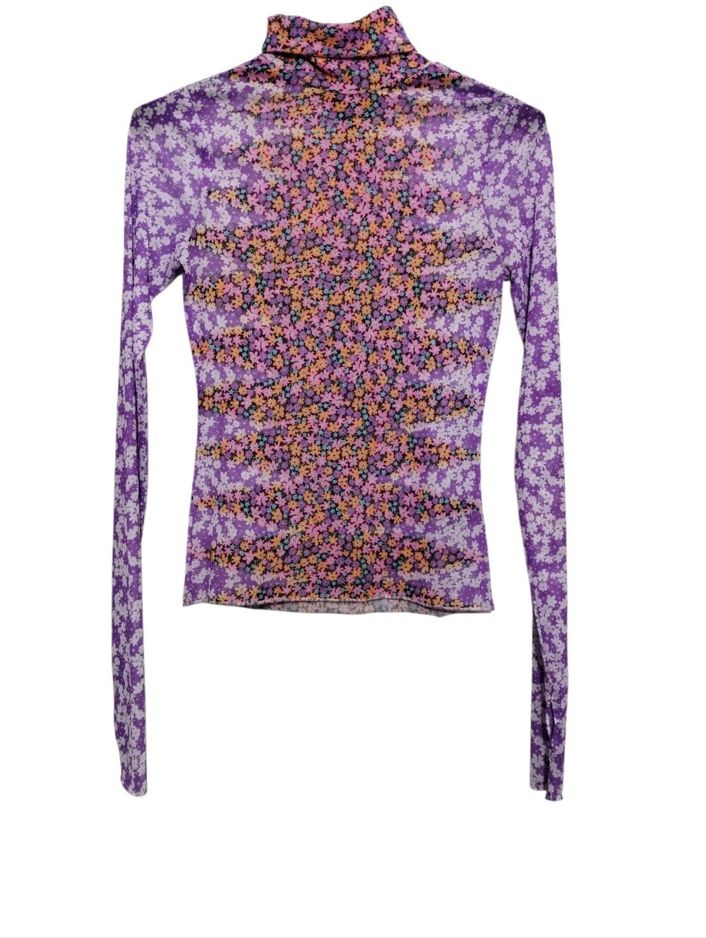 AFRM Zadie Mesh Turtleneck Top Women's S in Placed Violet Ditsy Floral Fairy